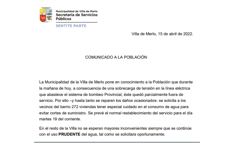 Comunicado emitido, por la municipalidad de Merlo, el 15 de abril de 2022.