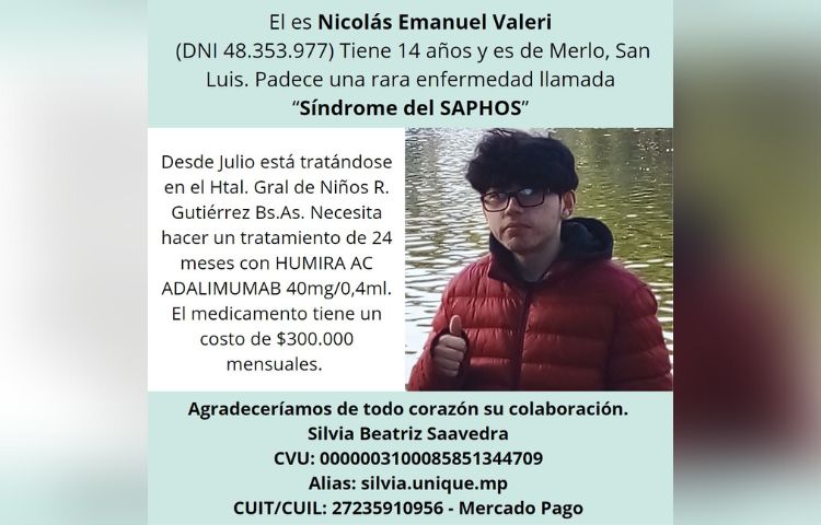 Síndrome de SAPHO: Nicolás necesita reunir, al menos, 300.000 pesos mensuales para someterse a un tratamiento de 24 meses.