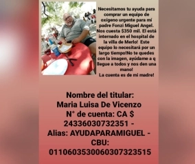 ¡Ayuda urgente para Miguel! Vecino de Merlo necesita comprar un equipo de oxígeno para regresar a casa.